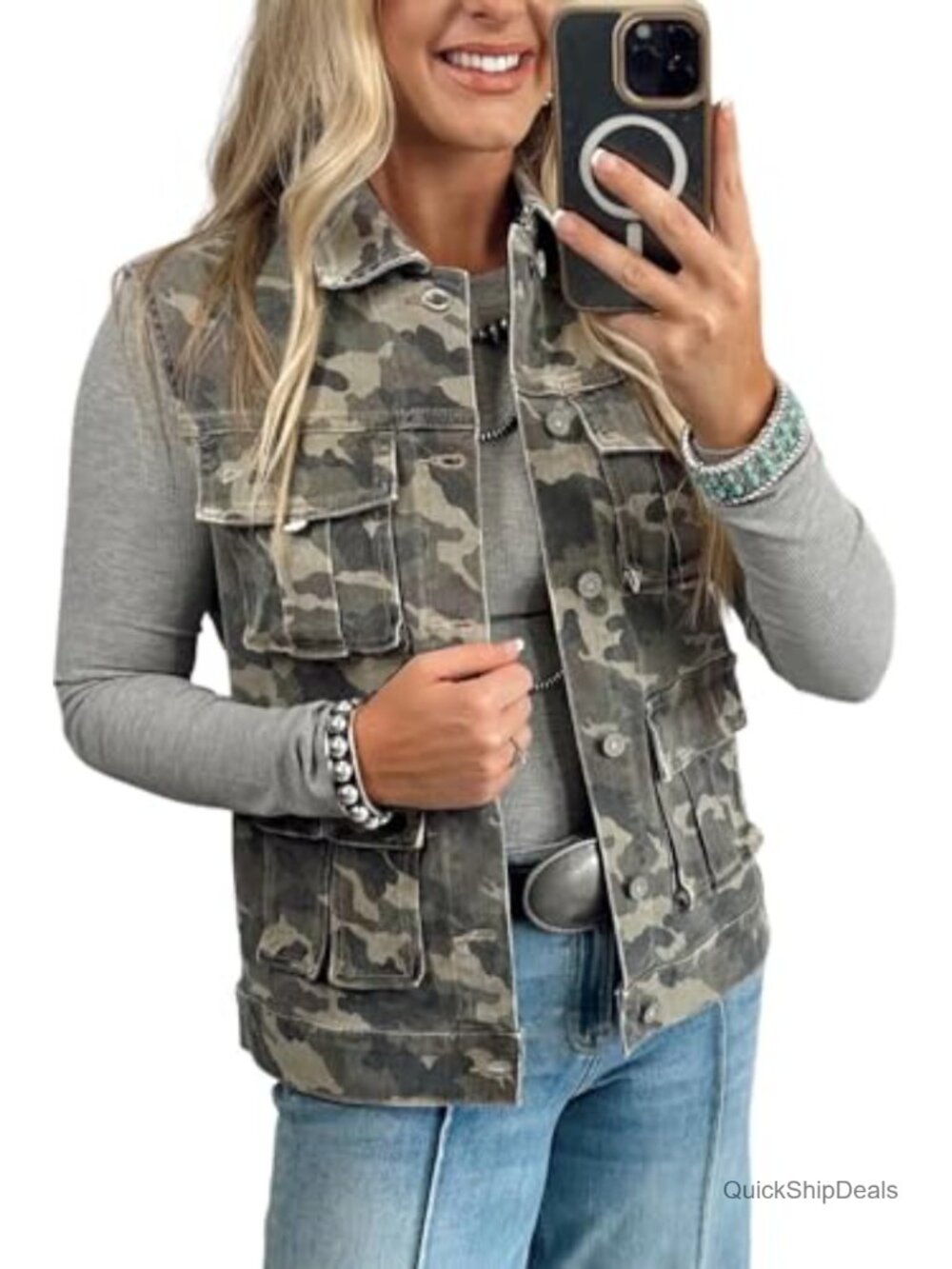 Womens Camo Denim Vest Sleeveless Utility Jacket with Pockets